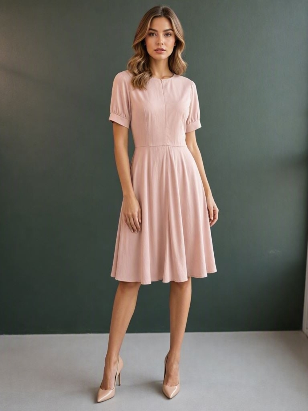 Women's Blush Pink Short Sleeve Midi Dress